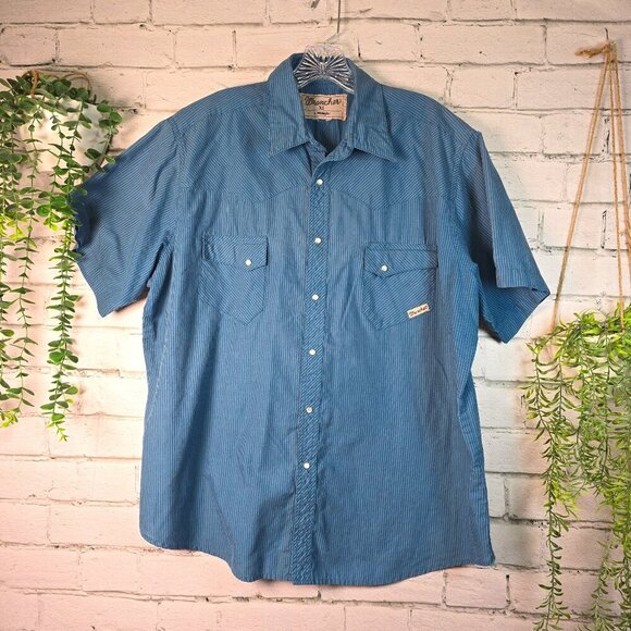 WRANGLER MENS BUTTON DOWN SHIRT SHORT SLEEVE PEARL SNAPS BLUE ON BLUE STRIPE XL - Picture 1 of 6
